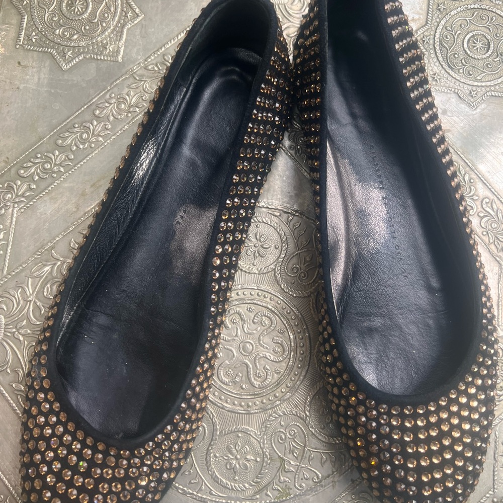Giuseppe Zannoti Black and Gold Studded Women's Flats.